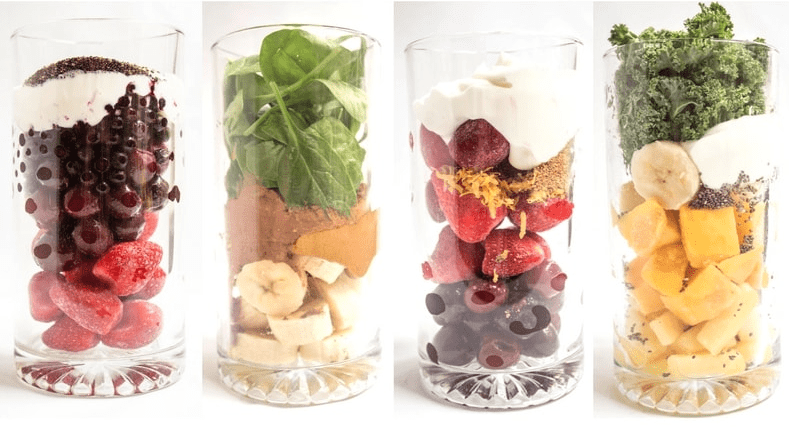 smoothie ingredients in tall glass jars